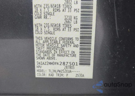 2015 Nissan Murano S/Sl/Sv/Platinum z USA, uszkodzony, nr VIN 5N1AZ2MH0FN287501